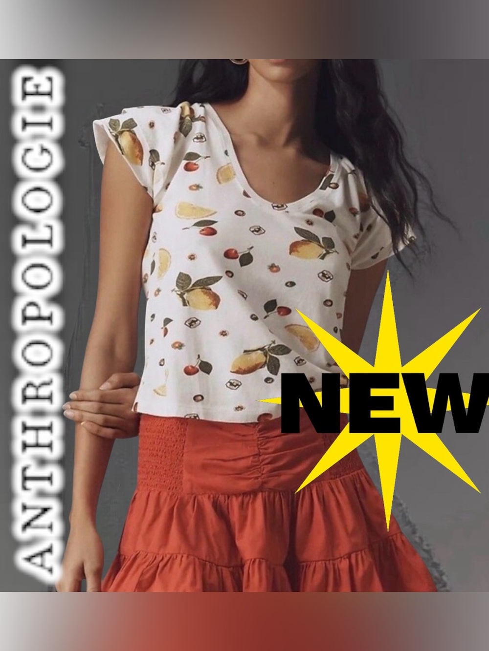 NWT Maeve for Anthropologie 🍋 fruit design flutter sleeve tshirt size large